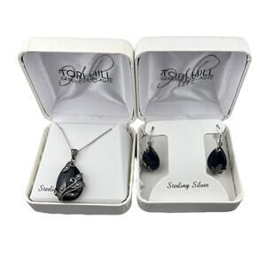 Tori Hill Sterling Silver & Marcasite Necklace and Pierced Hook Earring Set Box